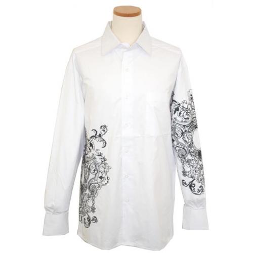 Prestige White with Black Embroidered Design Long Sleeves 100% Cotton Shirt COT 875